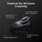 DJI Osmo Action 5 Pro Adventure Combo – 1/1.3″ CMOS – 40 MP – 4K/120fps HDR – RockSteady 3.0/3.0+ – HorizonSteady – 64 GB Internal Storage (47 GB usable) – 20 m Waterproof – Dual OLED Touchscreens – 4 hr Battery – Wi‑Fi 6.0 – USB 3.0