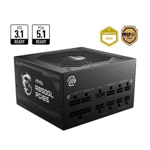 MAGA850GLPCIE5 MSI MAG A850GL PCIE5 power supply offers 80 PLUS Gold 850W